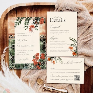 Faire-part de mariage vert et terre cuite, invitation florale hacienda mexicaine, invitations jardin bohème, modèle modifiable orange brûlé et vert sauge