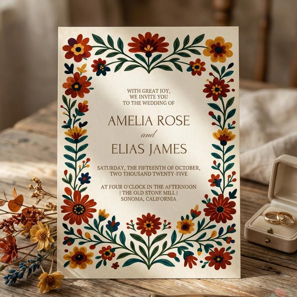 Vibrant Folk Art Wedding Invitation, Elegant Mexican Floral Invite, Colorful Artistic Celebration Invite, Traditional Heritage Wedding