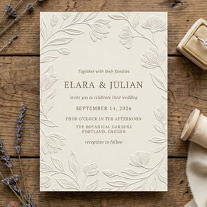 May include: Cream-colored wedding invitation with embossed floral design. The invitation includes the names ELARA & JULIAN, wedding date, time, and location: The Botanical Gardens, Portland, Oregon. The text is in a simple, elegant font.
