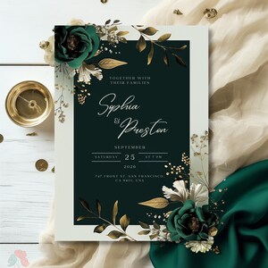 Customizable Dark Green Wedding Invite with Gold Accents