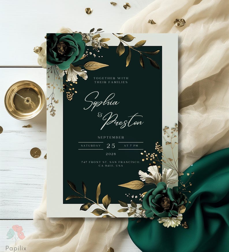 Customizable Dark Green Wedding Invite with Gold Accents