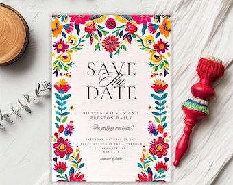 Colorful Save the Date Invitation Template, Talavera Floral Save the Date, Editable Fiesta Save the Date, Mexican Folk Art Wedding Invites