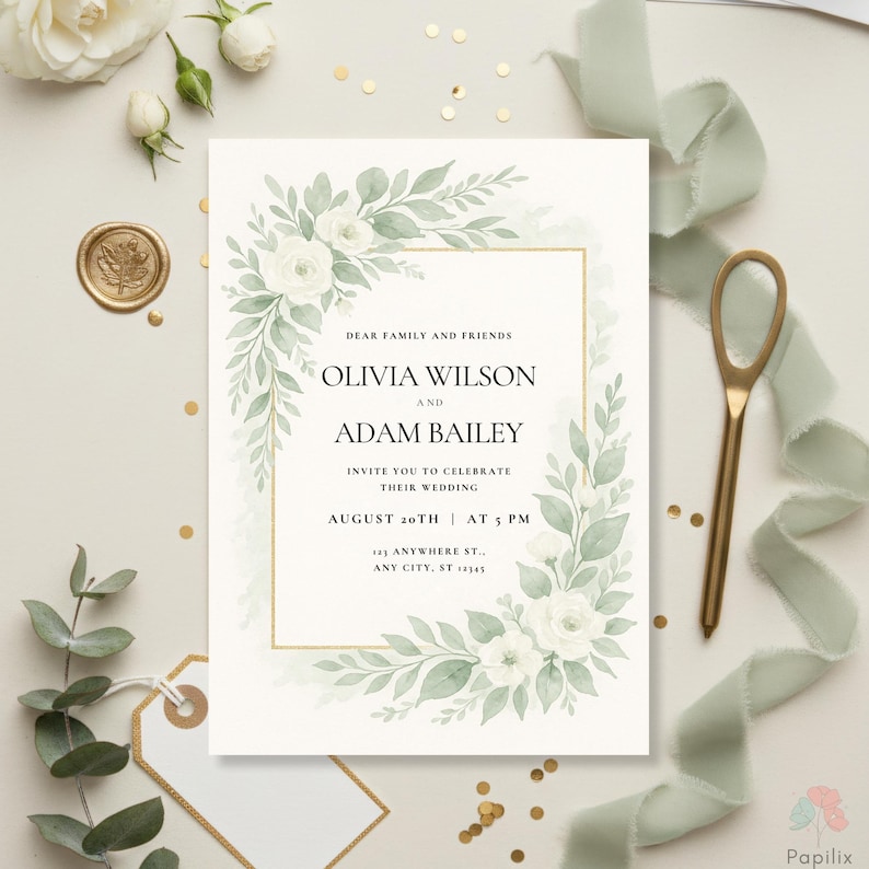 Elegant Sage Green Wedding Invitation, Green Floral Invite, White Rose ...
