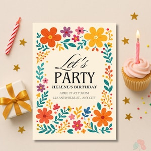 Modelo de convite para festa com flores silvestres coloridas, convite de aniversário floral, convite de aniversário com jardim boho, convites para festas de primavera e verão