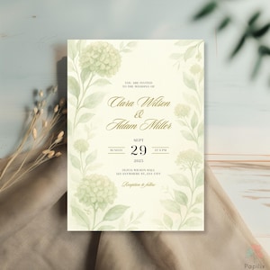 Elegant Watercolor Hydrangea Wedding Invitation Template, Botanical Greenery Floral Theme, Modern Romantic Garden Style, Sage & Ivory Invite