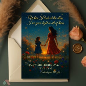 Cartão de Dia das Mães, Arte para Mãe e Filha, Ilustração de Prado ao Pôr do Sol, Presente Caprichoso para o Dia das Mães, Cartão de Saudações Noite Estrelada