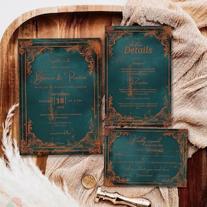 Teal and Copper Wedding Invitation Template Suite, Vintage Ornate Invites, Elegant Teal and Burnt Orange Invite Set, Luxurious Formal Invite