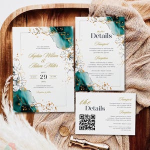 Teal and Gold Wedding Suite Template, Turquoise Gold Invite, Aqua and White Theme Invite, Emerald Green Invite, Modern Watercolor Invite