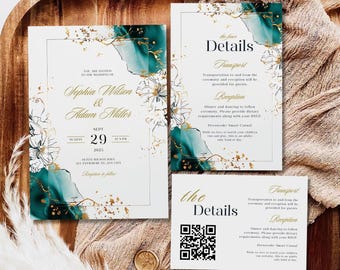 Teal and Gold Wedding Suite Template, Turquoise Gold Invite, Aqua and White Theme Invite, Emerald Green Invite, Modern Watercolor Invite