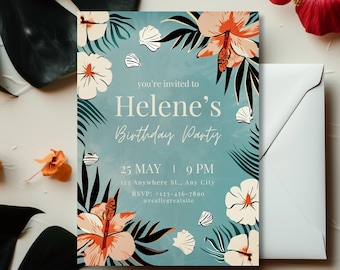 May include: A tropical-themed birthday party invitation with a blue background and colorful flowers. The text reads "you're invited to Helene's Birthday Party 25 MAY | 9 PM 123 Anywhere St., Any City RSVP: +123-456-7890 @reallygreatsite"