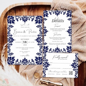 Könnte beinhalten: Hochzeitseinladungs-Set mit marineblauen floralen Designs auf weißem Hintergrund. Das Set umfasst eine Einladung, eine Detailkarte und eine RSVP-Karte. Die Einladung enthält die Namen "Bianca & Preston" und das Datum "18. September 2025".