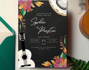Mexican Fiesta Invitation, Floral Sombrero Invite, Colorful Guitar Party Invite, Bright Mexican Theme Invitation, Editable Template