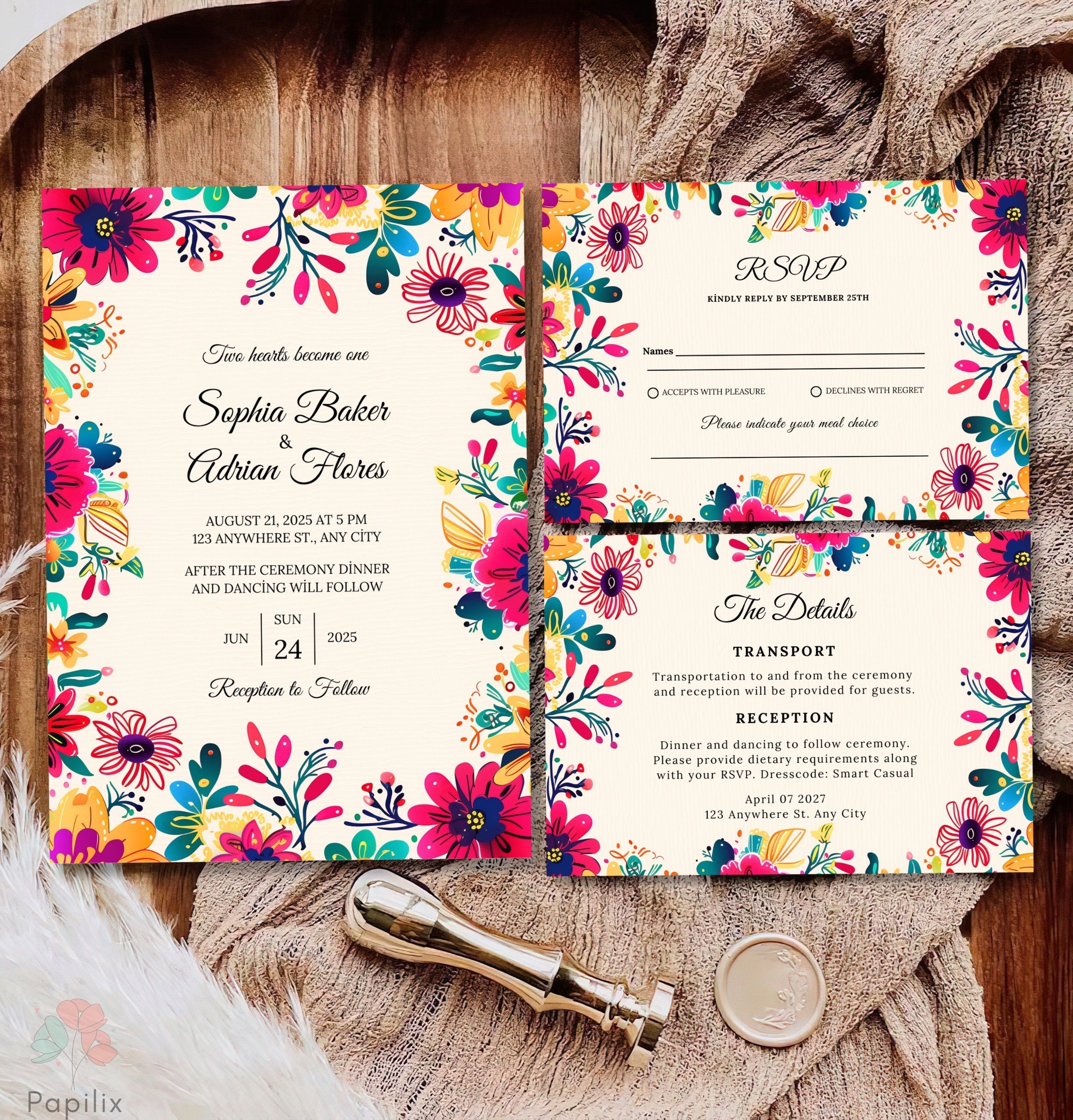その他 Invitation Colorful Floral Wedding Invitation Set, Vibrant Boho and Tropical