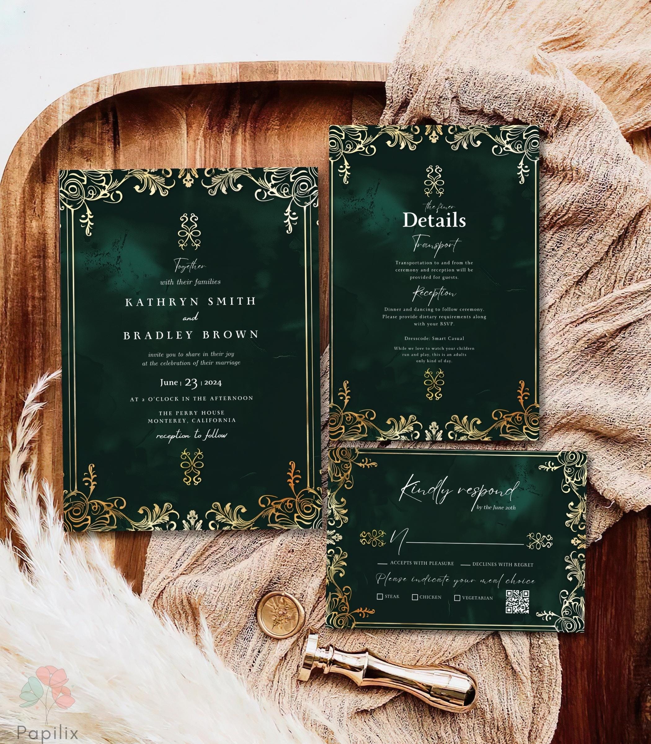 Emerald Green Wedding Invitation Set, Gold Elegant Invite, Dark