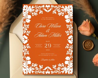 Terracotta Wedding Invitation, Mexican Papel Picado Invite, Rustic Fiesta Wedding, Burnt Orange Floral Invitation, Boho Wedding Invite
