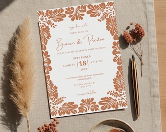 Terracotta Mexican Wedding Invitation, Burnt Orange Talavera Tile Inspired Fiesta Invite, Spanish Floral Invitation, Editable Boho Invites