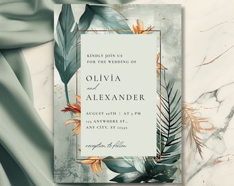 Tropical Greenery Wedding Invitation, Palm Leaf Invite, Boho Exotic Summer Wedding, Botanical Floral Watercolor Invite, Beach Island Wedding