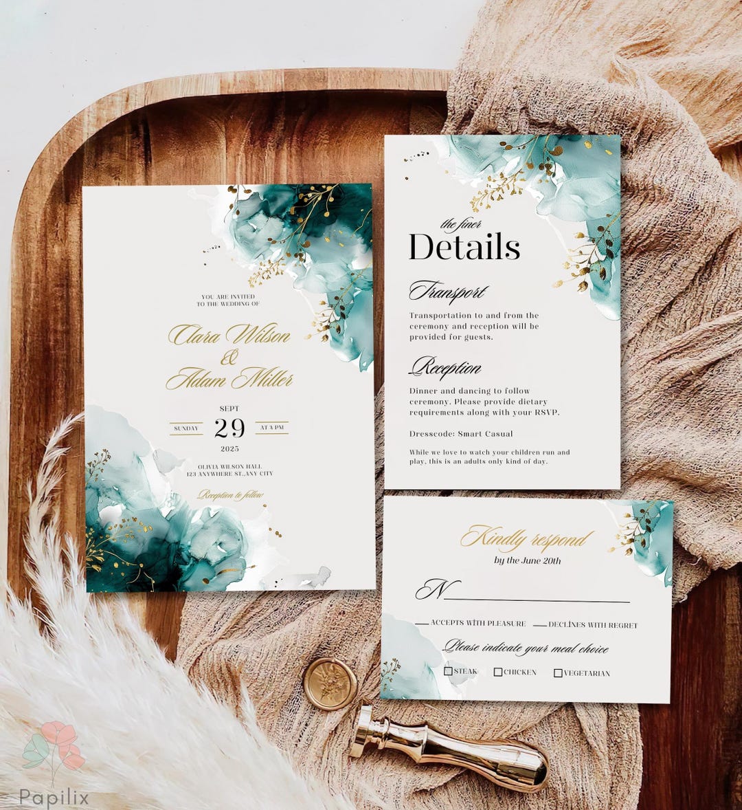 Elegant Teal and Gold Wedding Invitation Bundle Template, Green Floral  Watercolor Invite, Teal Invitation Welcome Sign, RSVP \u0026 Details Cards, image size:1080x1178