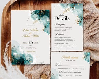 Peut inclure: Invitation de mariage avec un design aquarelle bleu sarcelle et or. L'invitation comprend les noms Clara Wilson et Adam Miller, la date du 29 septembre 2023 et le lieu. L'invitation comprend également des détails sur le transport et la réception.