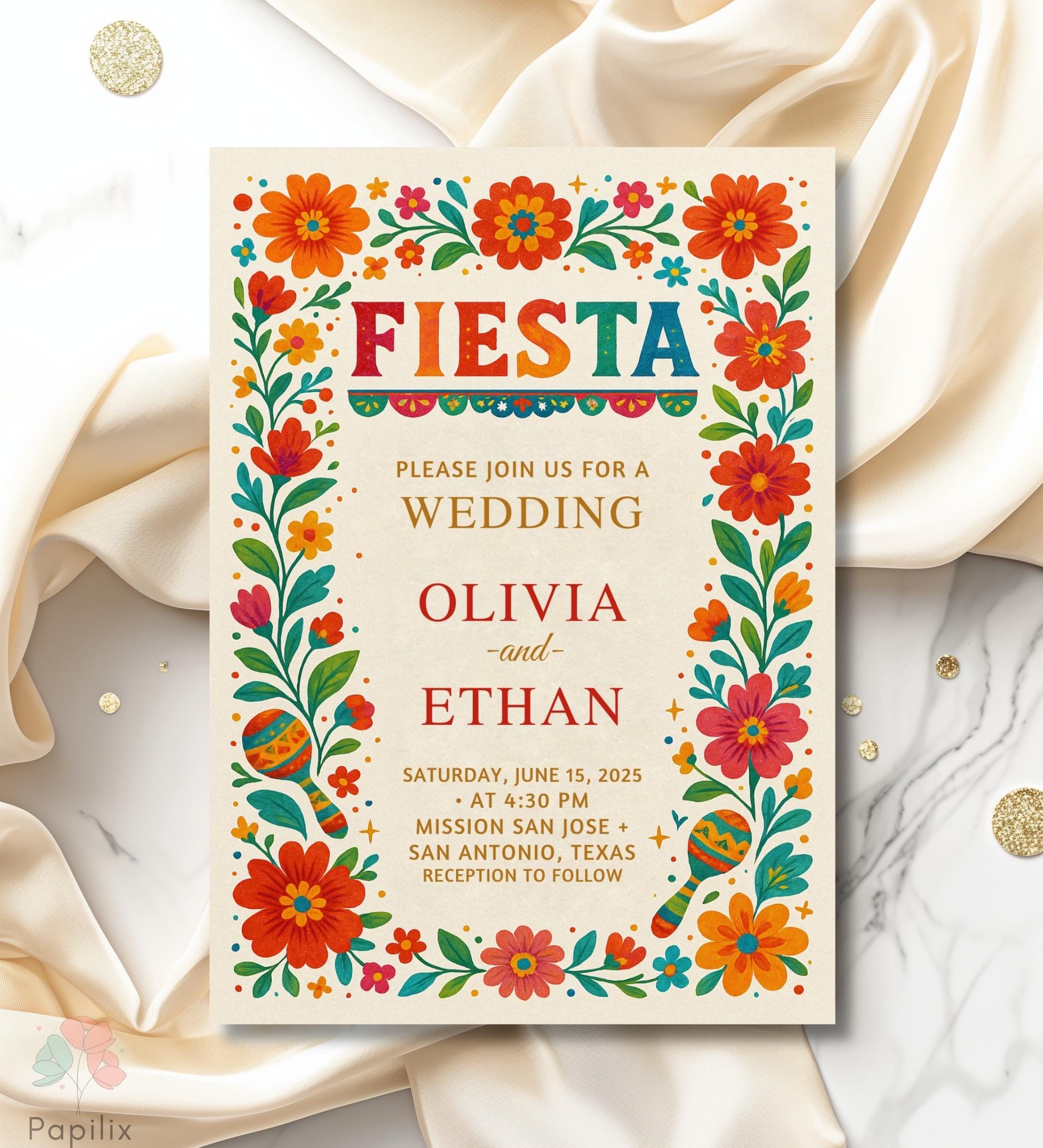 メキシコ フィエスタの招待状テンプレート、カラフルなタラベラ パーティーの招待状、編集可能な花柄のマラカス テンプレート、シンコ デ マヨ フィエスタの招待状  - Etsy 日本, image size:2000x2200