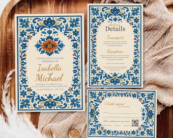 Mexican Wedding Invitation Set Template, Talavera Tile Fiesta Invites, Blue and Orange Floral Invitation, Spanish Folk Art Editable Template
