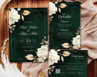 May include: A green and gold wedding invitation suite with white roses and gold accents. The invitation reads "You are invited to the wedding of Clara Wilson & Adam Miller, Sept 29, 2023, at 4 PM, Olivia Morrison Hall, 123 Anywhere St, Any City. Reception to follow."
