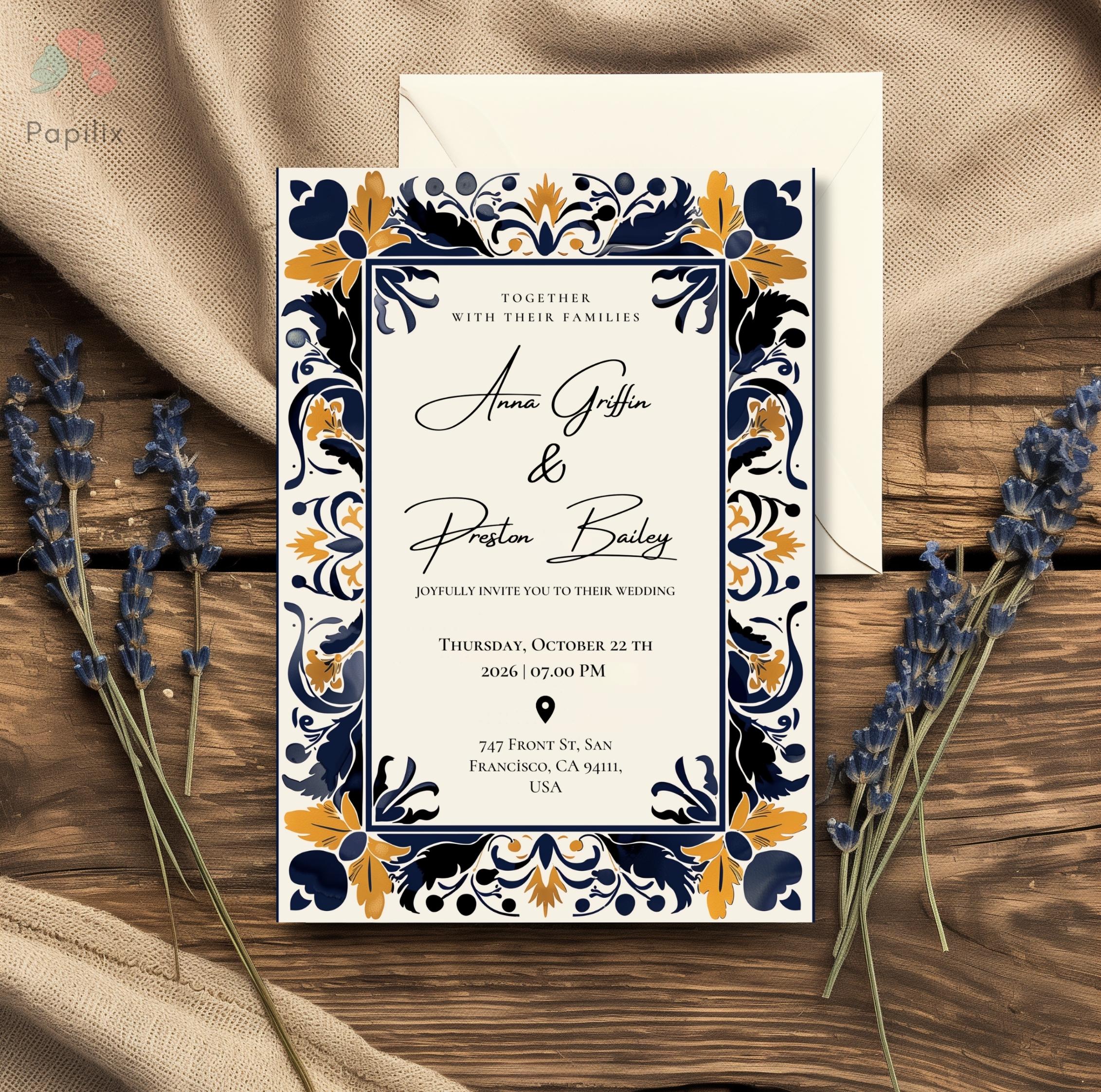 Mexican Wedding Invitation, Talavera Tile Design, Navy and Gold Floral ...