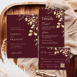 Ensemble de modèles de faire-part de mariage bordeaux et or, faire-part de mariage automne élégant, faire-part floral automne, faire-part de mariage élégant rouge et or