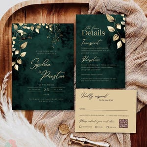 May include: Elegant wedding invitation suite with emerald green and gold accents. Includes invitation, details card, and RSVP card. Features floral design, names Sophia & Preston, and event details.
