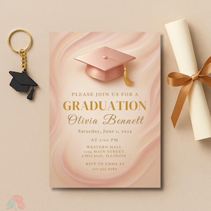 Rose Gold Graduation Invitation Template, Elegant Graduation Party Invite, Modern Grad Cap Invitation, Pink and Gold Graduation Celebration