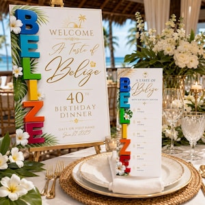May include: A large welcome sign and a smaller menu card for a 40th birthday dinner, both featuring the text A Taste of Belize, tropical palm leaves, white flowers, and vertical 3D lettering spelling BELIZE in blue, green, yellow, orange, and red.