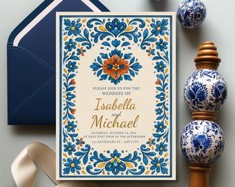 Mexican Wedding Invitation Template, Talavera Tile Fiesta Invites, Blue and Orange Floral Invitation, Spanish Folk Art Editable Template