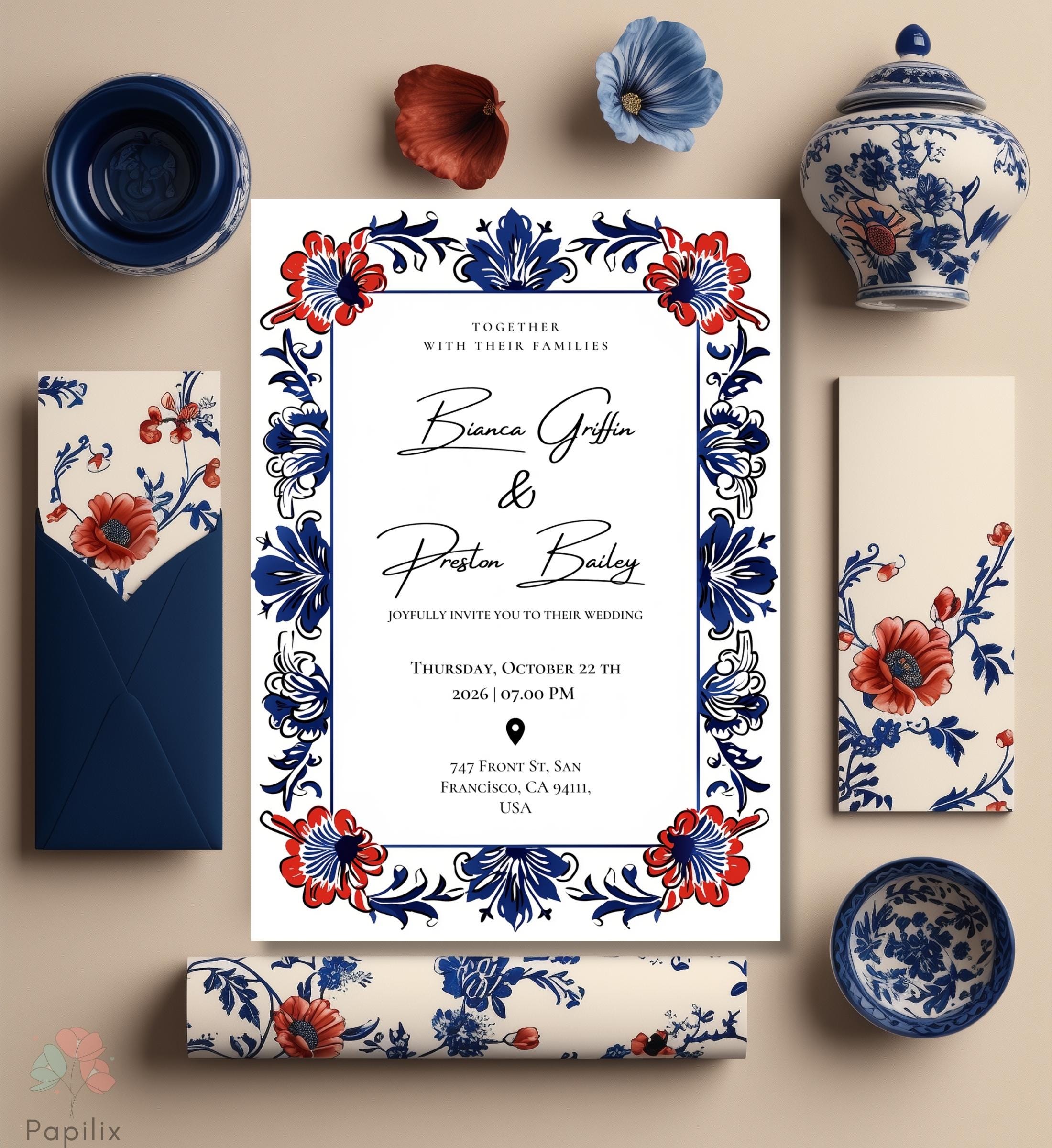 Mexican Folk Art Invitation Template, Blue and Red Floral Border ...