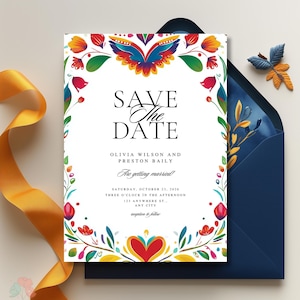 Mexican Save the Date Template, Fiesta Floral Invite, Colorful Folk Art Invite, Talavera Tile Save the Date, Editable Spanish Wedding Card