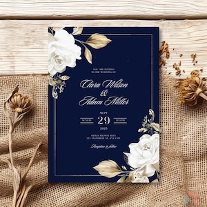 Navy Blue and Gold Wedding Invitation Template, Elegant White Rose Floral Invite, Dark Blue & Gold Invite, Luxury Midnight Blue Invites