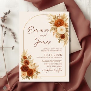 Boho Pampas Wedding Invitation, Printable Arch Wedding Invitation Template, Terracotta, Rust, Editable Invitation, Floral