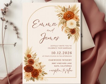 Boho Pampas Wedding Invitation, Printable Arch Wedding Invitation Template, Terracotta, Rust, Editable Invitation, Floral
