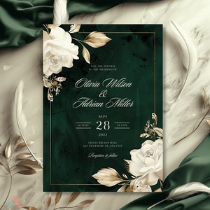 Smaragdgrün und Gold Blumenhochzeits-Einladung, elegante grüne Hochzeit lädt ein, klassische Rose einladen, dunkelgrünes Blattgold Einladungen