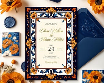 Invitación de boda con azulejos de Talavera, invitación de arte popular mexicano, invitación con borde floral naranja y azul, invitaciones para fiestas, plantilla editable