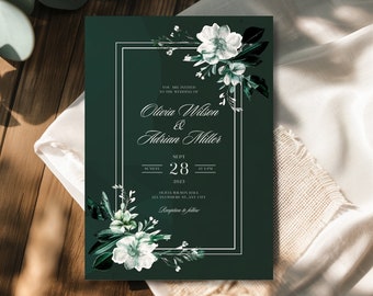 Invitación de boda esmeralda, invitación floral verde bosque, invitaciones de boda de oliva y salvia, invitación floral botánica editable, verde oscuro y blanco