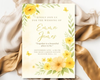 Blooming Wedding Invitation Template, Yellow Floral Invite, Buttercup & Daisy Boho Invite, Watercolor Greenery Invite, Soft Yellow Botanical