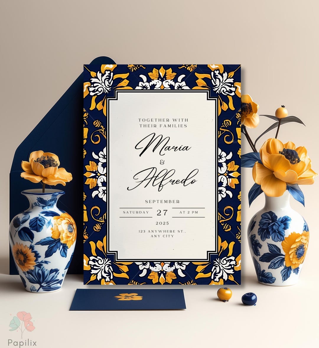 Navy & Gold Wedding Invitation, Talavera Tile Inspired Invite, Mexican ...
