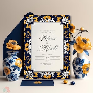 Convite de casamento azul marinho e dourado, convite inspirado em azulejos Talavera, tema de festa mexicana, padrão floral espanhol, convite de casamento boho elegante