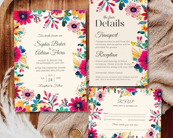Colorful Floral Wedding Invitation Set,  Vibrant Boho and Tropical Flower Design, Talavera & Fiesta Theme,  Mexican Wedding Invitation Suite