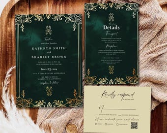 May include: Green and gold wedding invitation suite with a decorative border. The invitation card features the names Kathryn Smith and Bradley Brown, the date June 23, 2024, and the location The Perry House, Monterey, California. The details card includes information about transportation and reception. The RSVP card has a section for guests to indicate their meal choice.