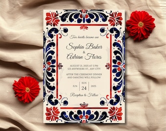 Mexican Wedding Invitation, Talavera Tile Invites, Red and Blue Floral Fiesta Invitation, Editable Template, Otomi Folk Art, Invite Download