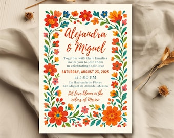 Colorful Floral Wedding Invitation Template, Talavera Tile Fiesta Invites, Mexican Invite with Red Orange Blue Flowers, Editable Boho Invite
