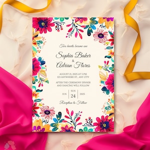 Mexican Wedding Invitation, Colorful Floral Talavera Tile Design, Fiesta Theme, Vibrant Boho Invite, Red and Blue Flowers, Editable Template