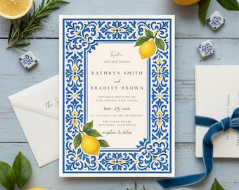 Lemon Wedding Invitation, Blue and Yellow Tile Invite, Amalfi Coast Inspired Invites, Mediterranean Italian Wedding Invitation Template
