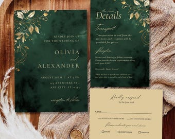 May include: A green and gold wedding invitation suite with a floral design. The invitation includes the names Olivia and Alexander, the date and time of the wedding, and the location. The RSVP card includes a section for guests to indicate their meal choice.